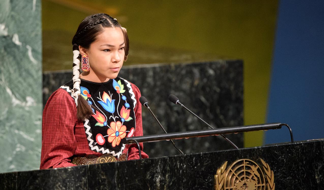 Autumn Peltier, 13-year-old water advocate from the Anishinaabe tribe of Canada, addresses the event to launch the International Decade for Action titled “Water for Sustainable Development 2018–2028”. ©UN Photo/Manuel Elias