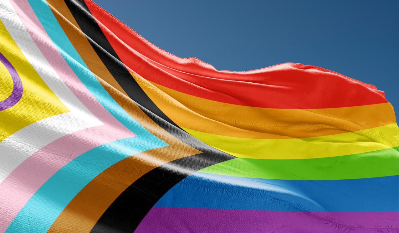 Close up image of the Progress Pride flag with intersex-inclusive design. © Svet foto | Shutterstock ID: 2270186289