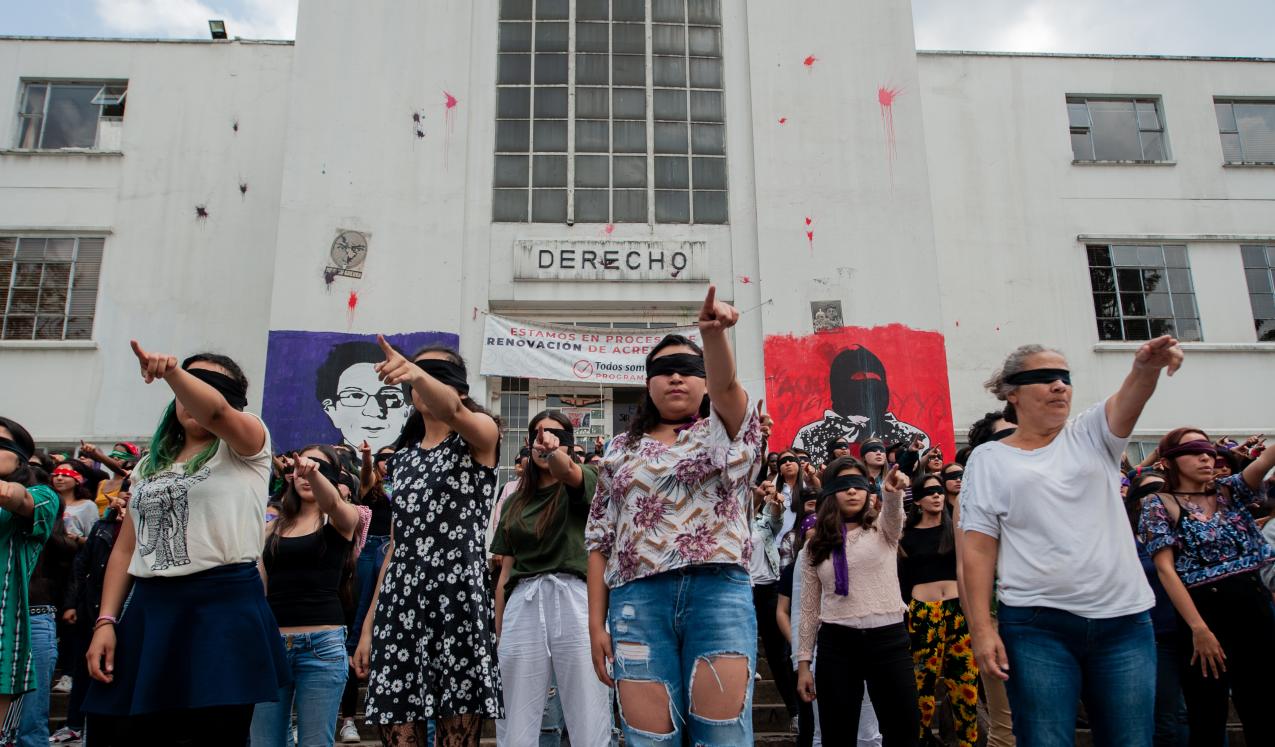 Feminist demonstrators in the National University of Colombia protesting about violence against women and president Iván Duque's Government, during the national strike in 2019. © Sebastian Barros | Shutterstock ID: 1574744137.