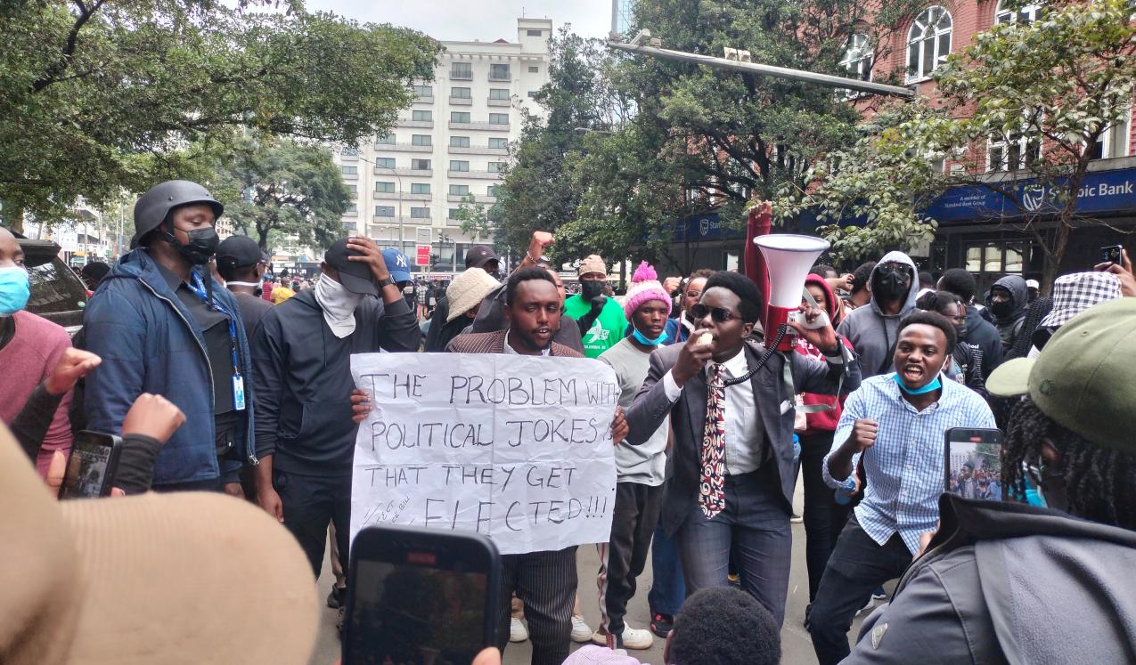 Protesters outside the Nation Centre on Kimathi Street in Nairobi, Kenya, June 2024. © Simon Libz | Shutterstock ID: 2478192113