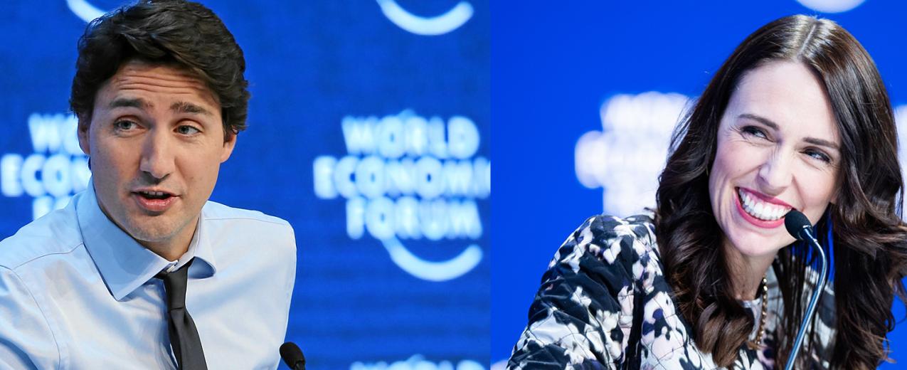 Leaders Justin Trudeau and Jacinda Ardern at the World Economic Forums in 2016 and 2020 respectively. © World Economic Forum/Remy Steinegger and World Economic Forum/Boris Baldinger