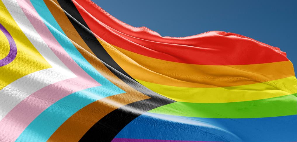 Close up image of the Progress Pride flag with intersex-inclusive design. © Svet foto | Shutterstock ID: 2270186289