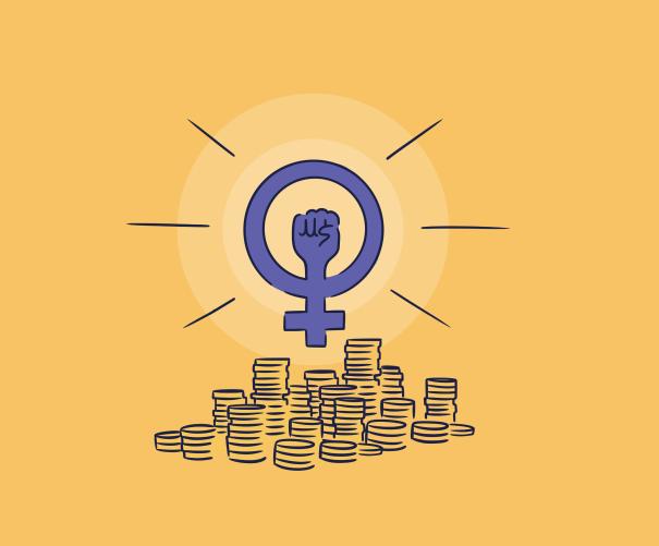 An illustration of cash with the feminist symbol above it © Design by Maia