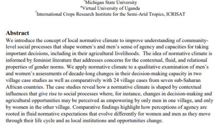 Cover of Local normative climate shaping agency and agricultural livelihoods in sub-Saharan Africa