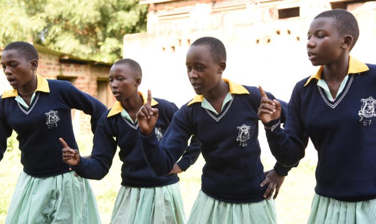 Pupils and members of the school club from St. Mary's primary school in Namalu, Nakapiripirit District, Uganda. The school clubs are supported by UNICEF with funding from Irish Aid.