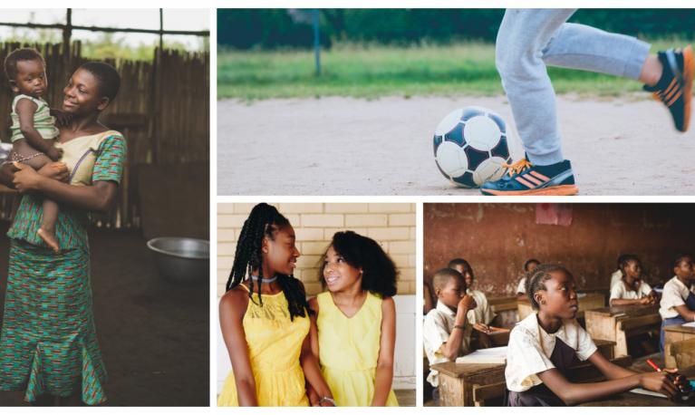 A collage of women doing sport, at school, with children, socialising